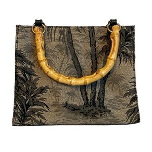 Sunny Hawaii Bag Palm Trees Bamboo Handles Black &Tan